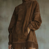 Боряна | Велурена рокля с висока яка и ресни