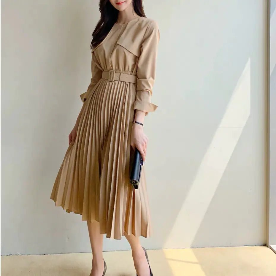 Chic Pleated Dress with Waist Tie Trench Coat - ClovyRE