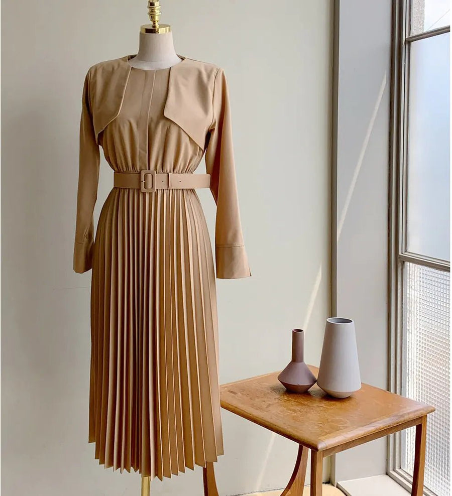 Chic Pleated Dress with Waist Tie Trench Coat - ClovyRE