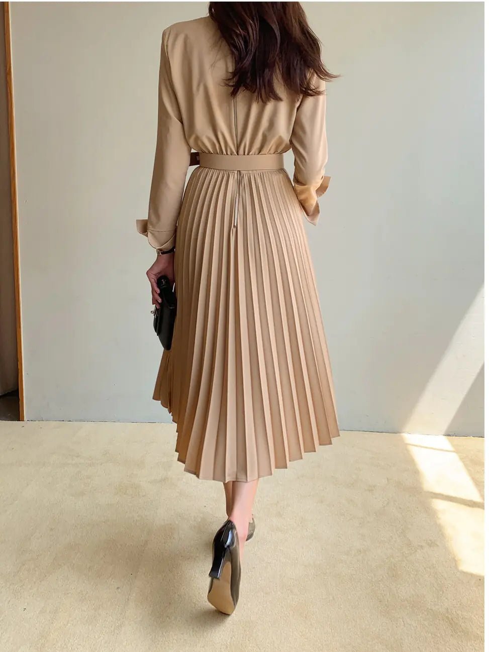 Chic Pleated Dress with Waist Tie Trench Coat - ClovyRE