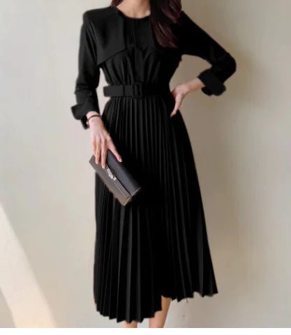 Chic Pleated Dress with Waist Tie Trench Coat - ClovyRE