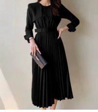 Chic Pleated Dress with Waist Tie Trench Coat - ClovyRE
