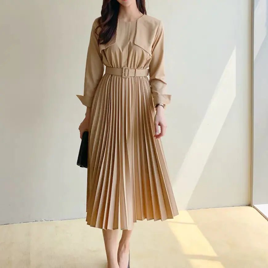 Chic Pleated Dress with Waist Tie Trench Coat - ClovyRE