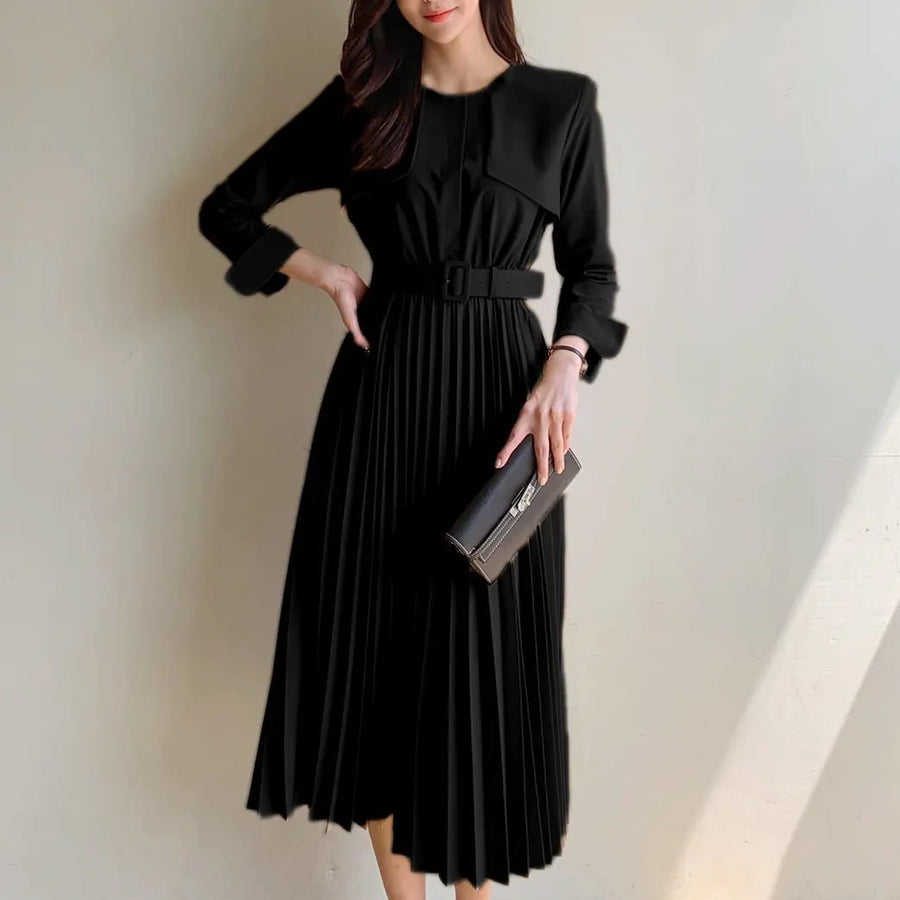 Chic Pleated Dress with Waist Tie Trench Coat - ClovyRE