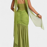 Милица Дълга Рокля от Мляко Коприна с Дълбоко Деколте и Оформени Набръчквания