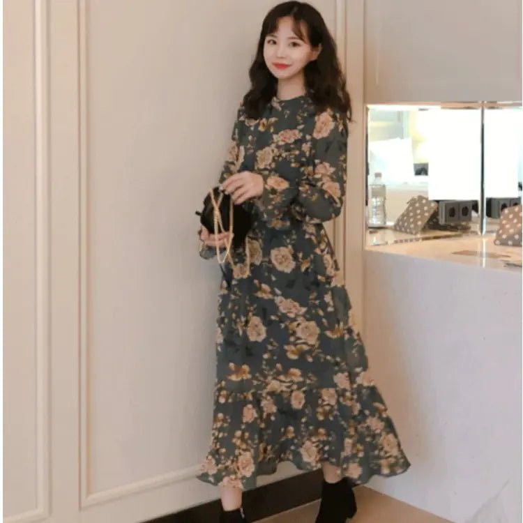 Retro Floral Long - Sleeved Dress for Women - ClovyRE