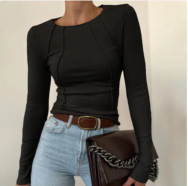 Slim Long Sleeve T-shirt Fashion Solid Color Split Thread Knitted Top Womens Clothing - ClovyRE
