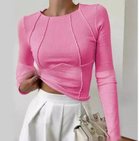 Slim Long Sleeve T-shirt Fashion Solid Color Split Thread Knitted Top Womens Clothing - ClovyRE