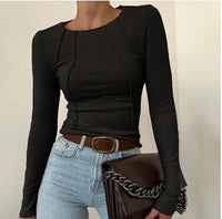 Slim Long Sleeve T-shirt Fashion Solid Color Split Thread Knitted Top Womens Clothing - ClovyRE