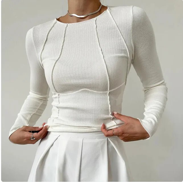 Slim Long Sleeve T-shirt Fashion Solid Color Split Thread Knitted Top Womens Clothing - ClovyRE
