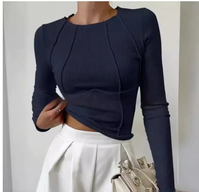Slim Long Sleeve T-shirt Fashion Solid Color Split Thread Knitted Top Womens Clothing - ClovyRE
