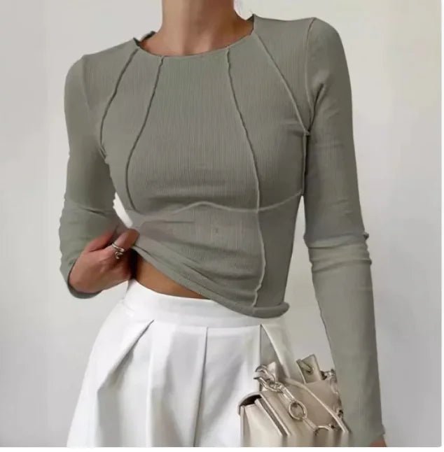 Slim Long Sleeve T-shirt Fashion Solid Color Split Thread Knitted Top Womens Clothing - ClovyRE